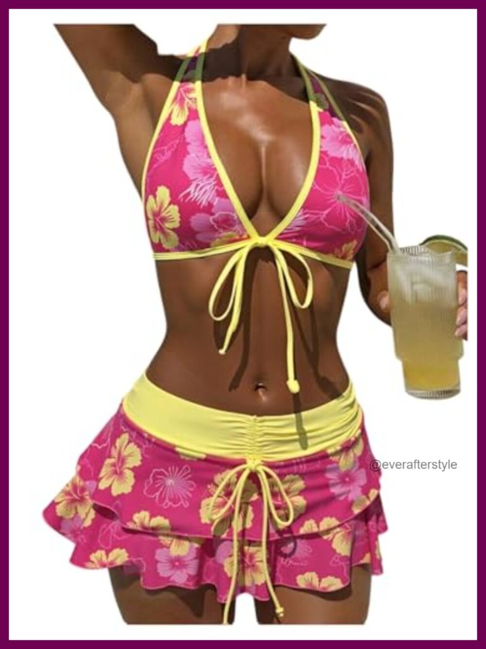 3 Piece Boho Floral Halter Bikini Set with Cover Up Skirt